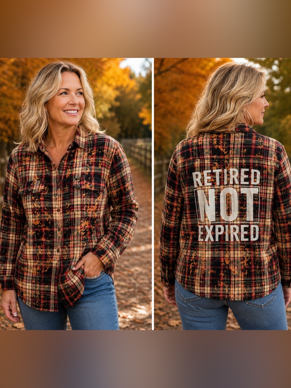 Faded Glory Rust & Black Plaid Distressed Button-Front Flannel Shirt